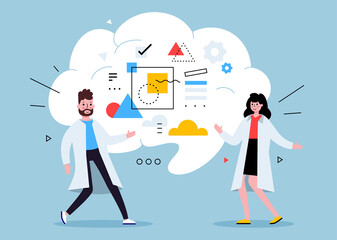 Vector business illustration of scientist people in white coat with lab service, team work in laboratory communication with brain cloud