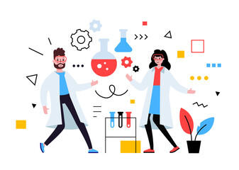 Vector business illustration of scientist people in white coat with lab service, team work in laboratory communication with flask