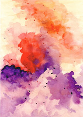 Orange purple abstract splash background with watercolor