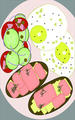 Delicious breakfast. Omelet with salad and sandwiches