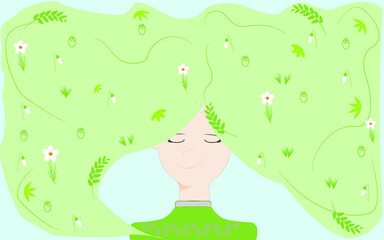 Young girl spring. Flowers and plants