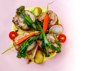 Grilled chicken steak with mustard cream sauce. Healty food concept.
