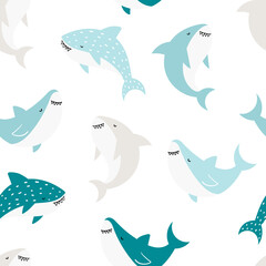 Vector hand-drawn colored childish seamless repeating simple doodle pattern with sharks in scandinavian style on a white background. Cute baby animals. Pattern for kids with sharks. Sea. Underwater.