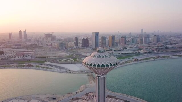 Aerial view of Khobar water tower during sunset, Saudi Arabia.