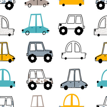 Vector hand-drawn color seamless repeating children simple pattern with cute cars in Scandinavian style on a white background. Children's pattern with cars. Transport. Road