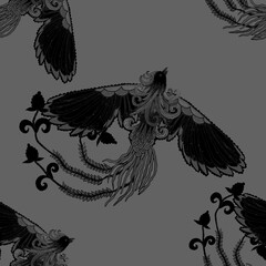 Creative seamless pattern with hand drawn chinese art elements: dragon, phoenix and flowers. Trendy print. Fantasy chinese print, great design for any purposes. Asian culture. Abstract art.	