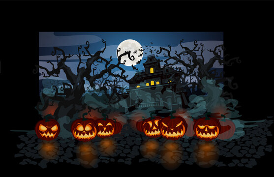 Halloween theme creepy old house full moon old trees spooky fog with lit pumpkins on dark background