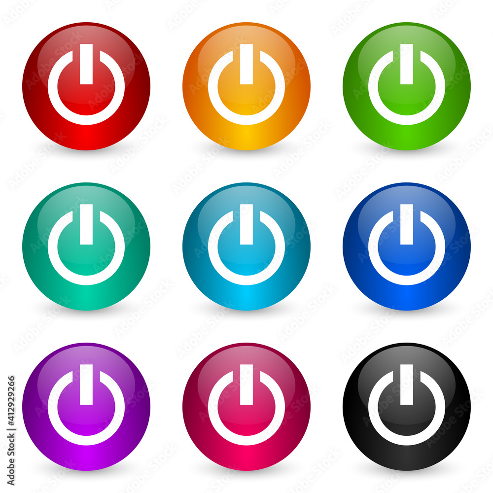 Fototapete Power icon set, colorful glossy 3d rendering ball buttons in 9 color options for webdesign and mobile applications