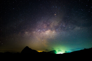 Amazing night sky. Scene of Night Starry Sky With Glowing Stars. Bright Glow Of Planets Saturn and...