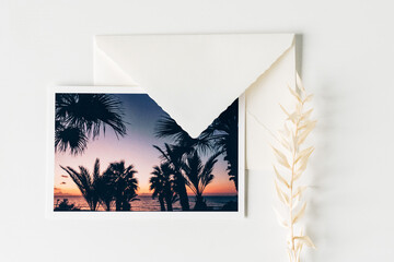 Palmen im Sonnenuntergang auf einem weißen Büttenpapierumschlag aus weißem Untergrund als Flatlay 