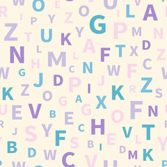 Seamless pattern with alphabet letters. Endless background for English language Day. Chaotically located symbols. Vector illustration