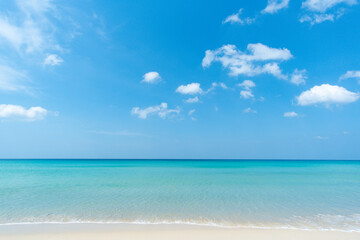 Fototapeta na wymiar White beach sand Sea water blue Blue sky clear background