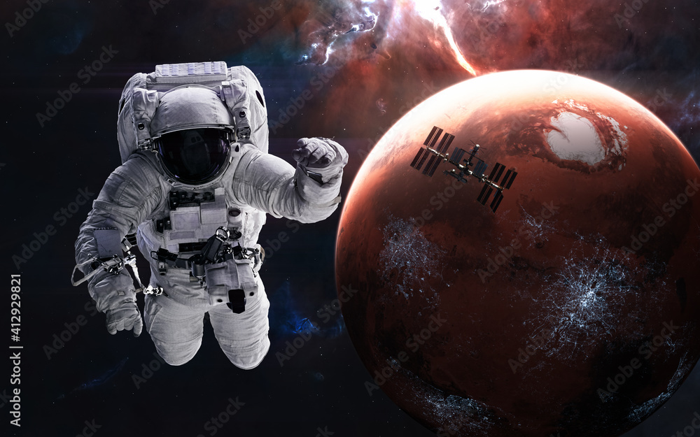 Wall mural mars. astronaut, space station on background of inhabited red planet. solar system. 3d render. scien