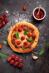 Freshly baked pizza with cheese, tomatoes and basil