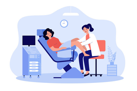 Doctor Examining Patient In Gynecological Chair. Woman Visiting Doctor For Cervix Checkup Screening. Flat Vector Illustration For Gynecology, Obstetrics, Medical Examination Concept