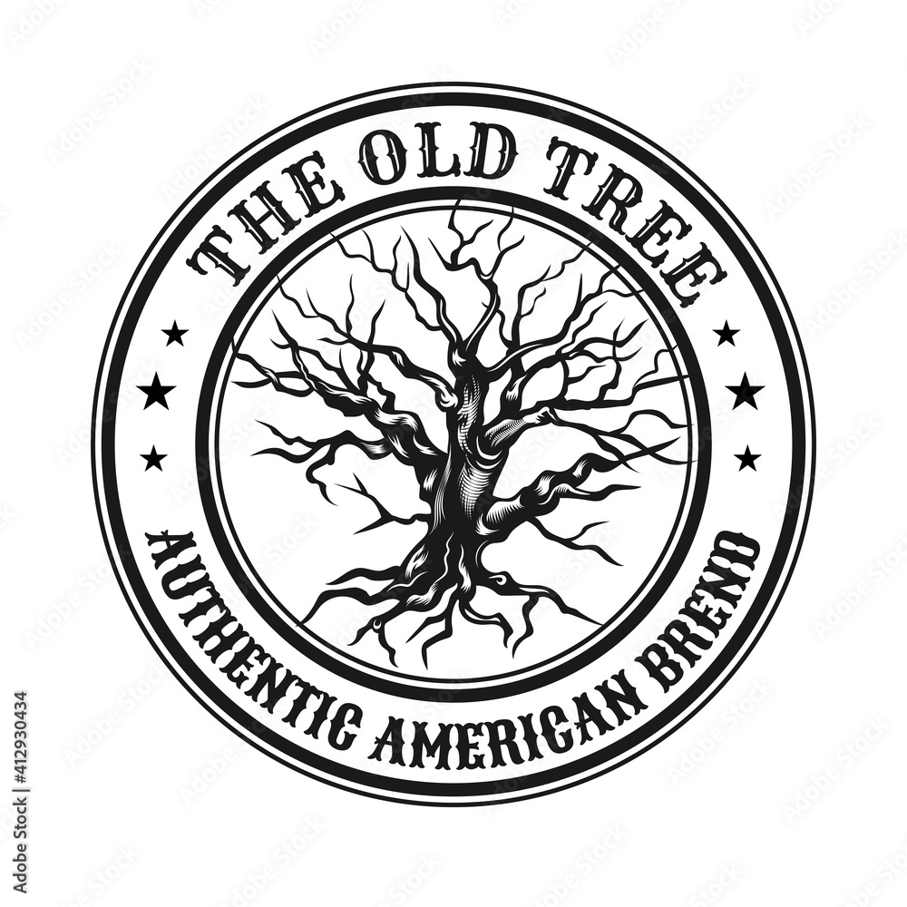Poster old tree stamp design. monochrome element with dry leafless tree in circle vector illustration with 