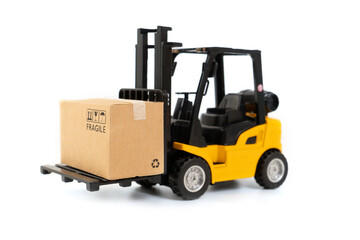 forklift with mobile phone on white background Online,Online shopping or ecommmerce concept