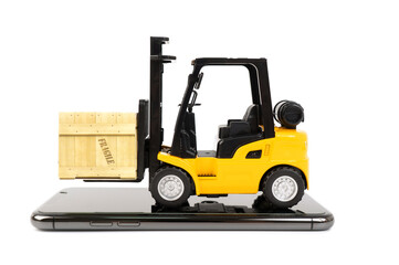 forklift with mobile phone on white background Online,Online shopping or ecommmerce concept