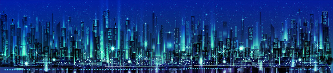 night city illustration with neon glow and vivid colors.