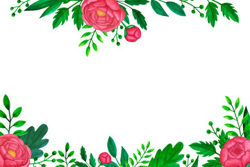 Floral frame with Pink Peony Flowers and Leaves