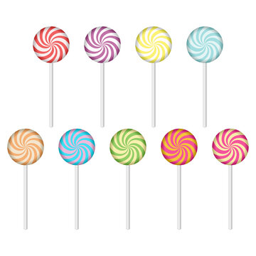 Colorful lollipops illustration. Swirl sugar candies on white background.