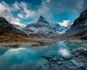 wild meandering glacial river in Ferpecle, with impressive peak of Mont Miné in Valais