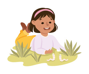 Obraz na płótnie Canvas Adorable Girl Lying on Lawn Watching Caterpillars, Save the World, Ecology Concept Cartoon Vector Illustration