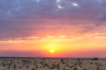 Beautiful sunset sky, plain, steppe, windmills in the distance
