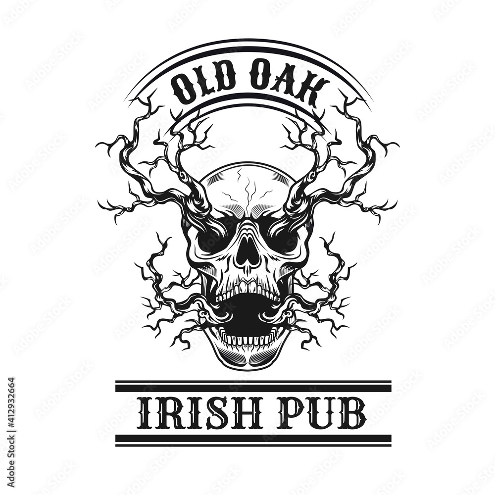 Poster old oak shop label design. monochrome element with leafless tree branches and skull vector illustrat