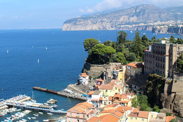 Panoramic view of the city and sea on the sunny day. Sorrento. Italy.