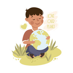 Happy Boy Sitting on Green Lawn with Earth Globe, Save the World, Ecology Concept Cartoon Vector Illustration