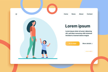 Little son reaching arms to his mom. Woman and kid walking together flat vector illustration. Motherhood, parenthood, childcare concept for banner, website design or landing web page