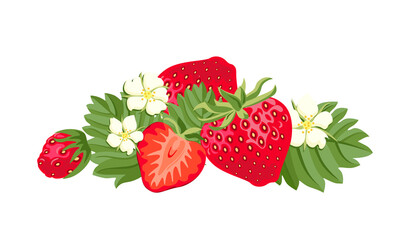 Heap of strawberry. Vector illustration of red ripe berry with green leaves and flowers isolated on white background. Juicy fruits in cartoon flat style.