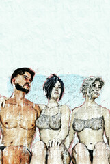 Betrayal Concept. 2+1 Two women and one man. Love triangle. Young people in the summer on the beach. Sketch drawing in pencil style. Vertical orientation with copy space. 3d rendering
