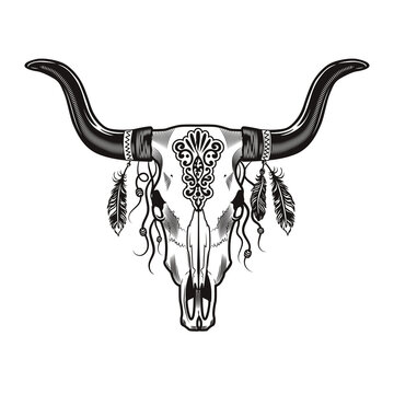 Bull skull with horns tattoo design. Monochrome element with dead animal head and red Indian feathers vector illustration. Ethnic culture concept for symbols and labels templates