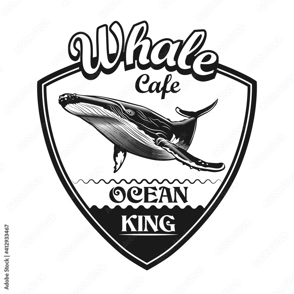 Aufkleber monochrome cafe emblem with whale. retro design elements with whale tail in ocean and text. nature o