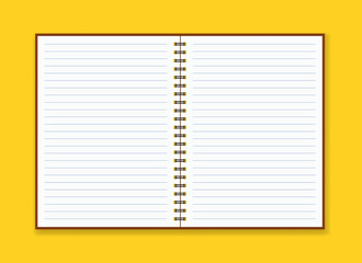 Blank white spiral notebook on yellow background. Notebook mockup