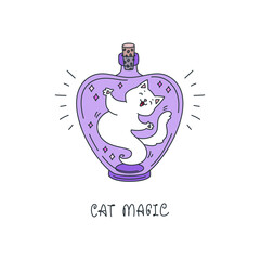 Cat Magic. Illustration of a cute white cat sitting in the magic bottle isolated on a white background. Vector 10 EPS.