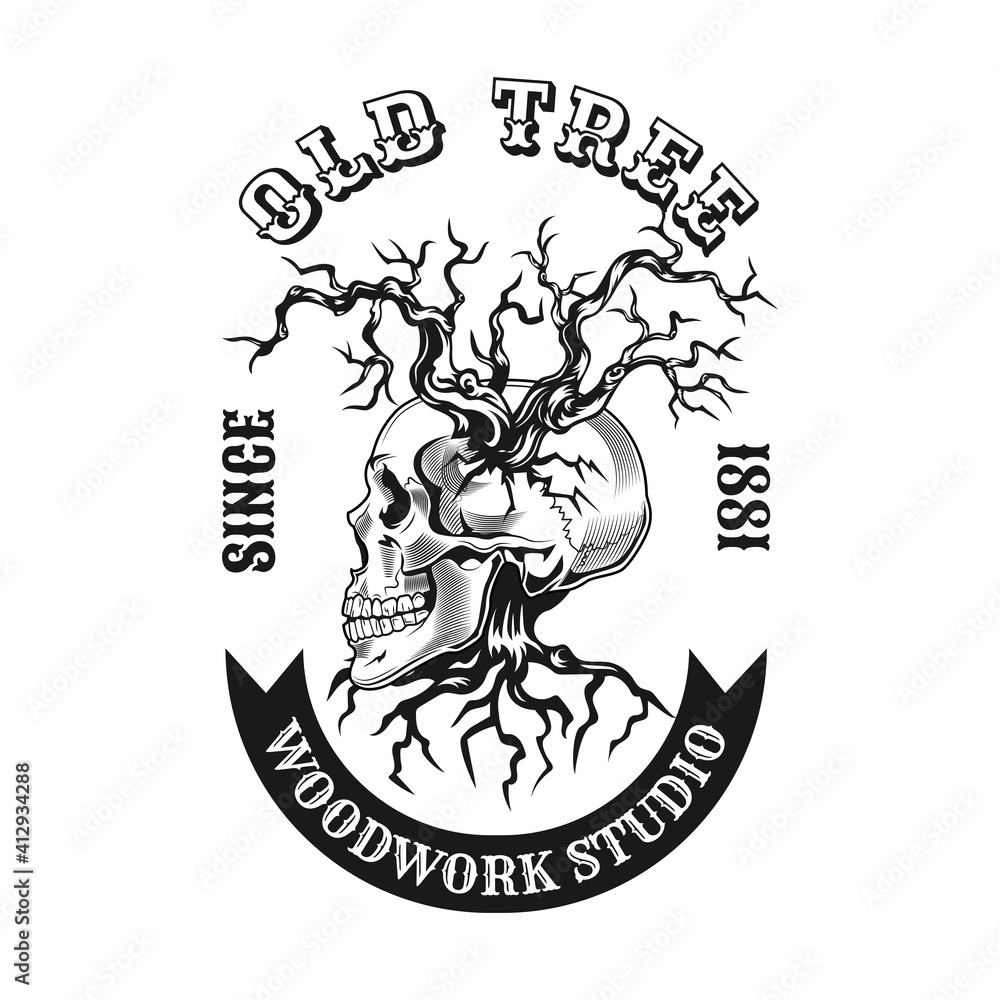 Aufkleber old tree shop emblem design. monochrome element with leafless tree branches, roots and skull vector 