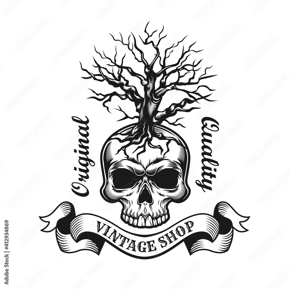 Aufkleber Old tree with skull emblem design. Monochrome element with leafless tree and dead head vector illustration with text. Vintage shop concept for symbols and labels templates