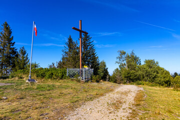 Memorial cross on top of Leskowiec peak in Little Beskids mountains near Andrychow in Lesser Poland © Art Media Factory