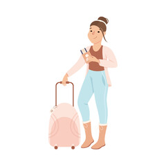 Young Woman Tourist Standing with Suitcase and Plane Tickets, Girl Going on Vacation Trip or Journey Cartoon Vector Illustration