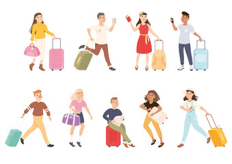 Fototapeta na wymiar People Tourists Carrying Luggage and Plane Tickets Going to Airport Set, Mwn and Women Going on Vacation Trip or Journey Cartoon Vector Illustration