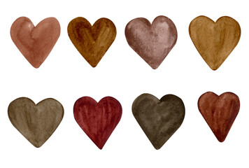 Brown Watercolor Hearts Isolated on White Background. Black Lives Matter, Sign of Peace and Friendship