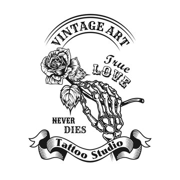 Rose Tattoo Design. Monochrome Element With Skeleton Hand Holding Flower Vector Illustration With Text. Love Or Romance Concept For Symbols And Labels Templates