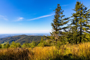 Panoramic view of northern Beskidy mountains with Gancarz peak seen from Leskowiec peak in Little Beskids mountains near Andrychow in Lesser Poland © Art Media Factory