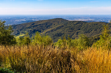 Panoramic view of northern Beskidy mountains with Gancarz peak seen from Leskowiec peak in Little Beskids mountains near Andrychow in Lesser Poland © Art Media Factory