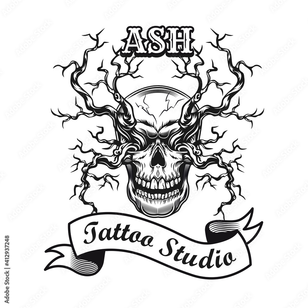 Poster ash shop label design. monochrome element with leafless tree branches and skull vector illustration 