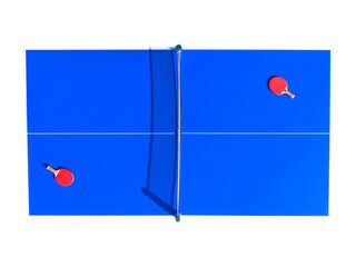 Aerial top view blue table tennis or ping pong isolated on white background. Close-up ping-pong net. Close up ping pong net and line. Top view two table tennis or ping pong rackets or paddles