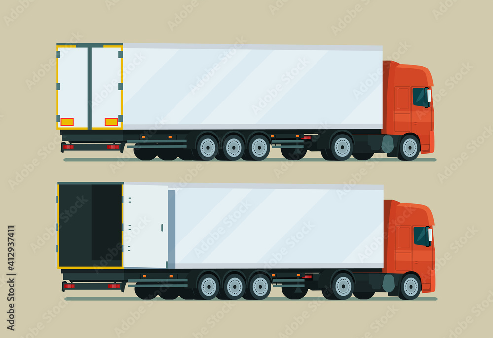 Wall mural cargo truck with trailer two angle set. truck with open cargo door. vector flat style illustration.